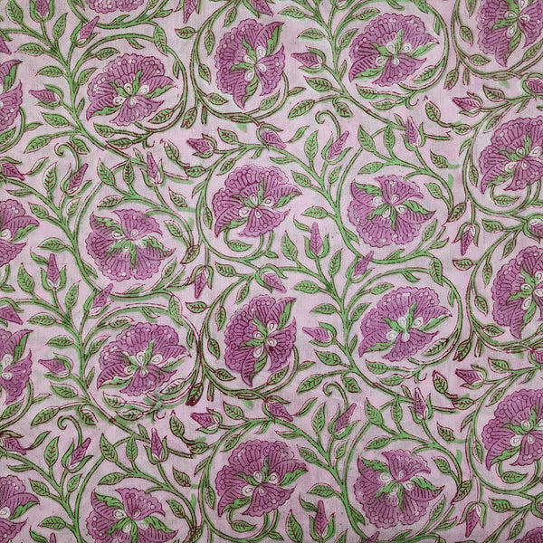 Pure Cotton Pink With Purple Flower Jaal Jaipuri Hand Block Print Fabric