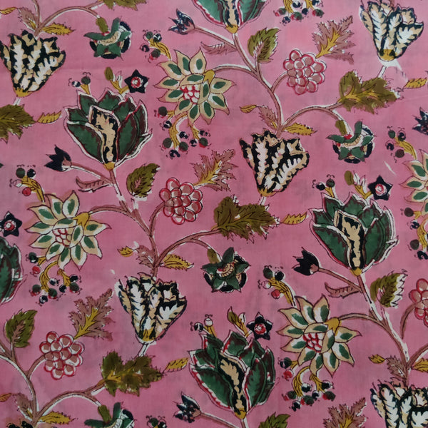 Pure Cotton Pink With Wild Floral Jaal Hand Block Print