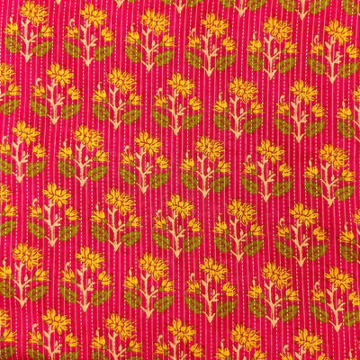 Pure Cotton Pink With Yellow Flower Plant Motif Blouse Fabric ( 1 Meter )