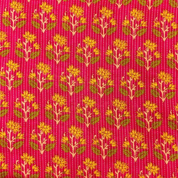 Pure Cotton Pink With Yellow Flower Plant Motif Fabric