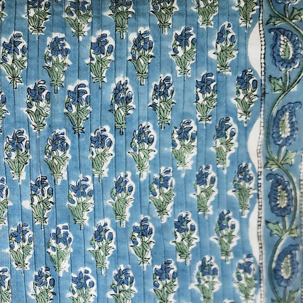 Pure Cotton Pintucks Jaipuri Blue Flower Bud Hand Block Print Fabric