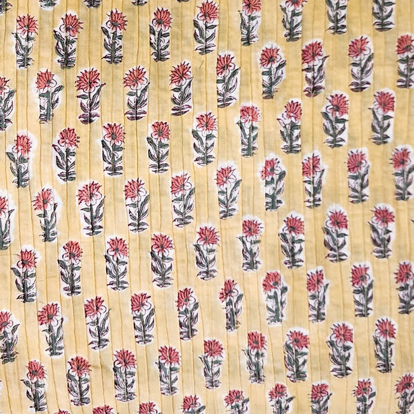 Pure Cotton Pintucks Jaipuri Light Yellow With Pink Flower Motifs Hand Block Print Fabric