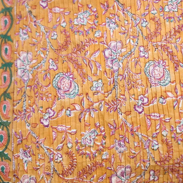 Pure Cotton Pintucks Jaipuri Orange With Purple And Blue Floral Flower Jaal Hand Block Print Fabric