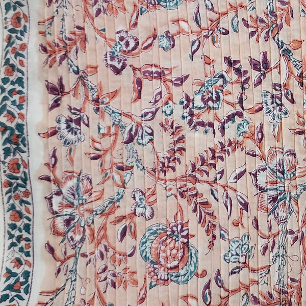 Pure Cotton Pintucks Jaipuri Peach With Purple  And Orange Fruit Flower Jaal Hand Block Print Fabric