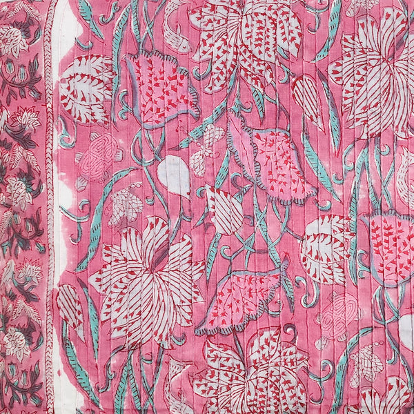 Pure Cotton Pintucks Jaipuri Pink With White And Blue Big Wild Flower  Jaal Hand Block Print Fabric