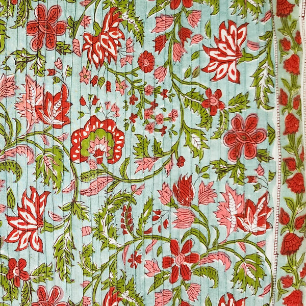 Pure Cotton Pintucks Jaipuri Sea Green With Dark Peach Daisy  Flower Jaal Hand Block Print Fabric