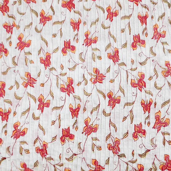 Pure Cotton Pintucks Jaipuri White And Orange Peony Flower Jaal Hand Block Print Fabric