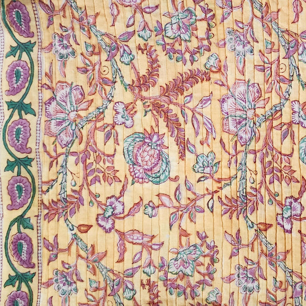 Pure Cotton Pintucks Jaipuri Yellow With Peach  With Purple Floral  Fruit  Jaal Hand Block Print Fabric