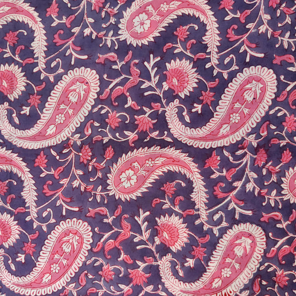 Pure Cotton Purple Jaipuri With Pink Kairi HAnd Block Print Fabric