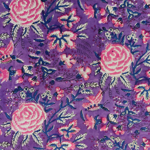 Pure Cotton Purple With Pink Roses All Over Jaipuri Hand Block Print Fabric