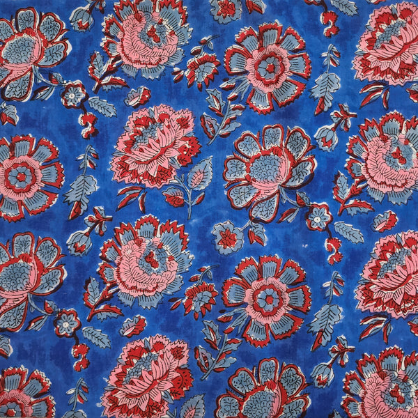 Pure Cotton Red And Grey Flowers With Blue Jaipuri Hand Block Print Fabric