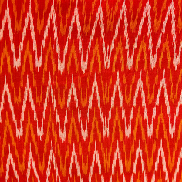 Pure Cotton Red Ikkat With Off White And Mustard Zig Zag Woven Fabric