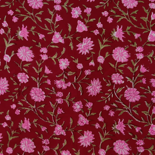 Pure Cotton Red Jaipuri With Pink Floral Jaal Hand Block Print Fabric