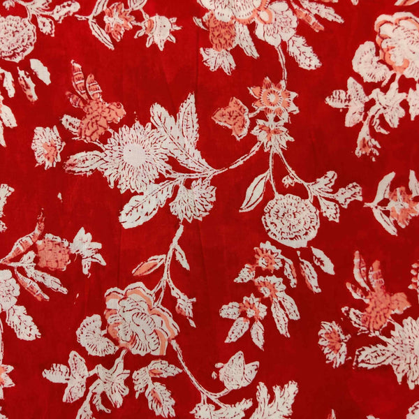 Pure Cotton Red Jaipuri With White And Pastel Orange Flower Jaal Hand Block Print Blouse Fabric ( 1 Meter )