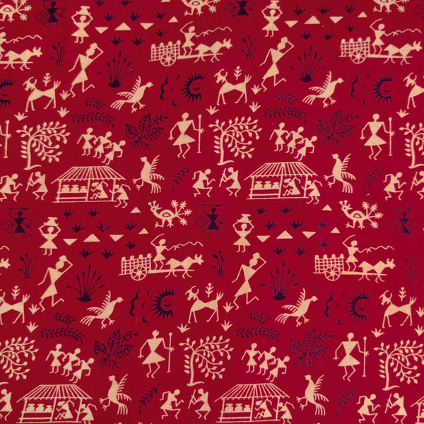 Pure Cotton Red Screen Print With Warli Village Screen Print Fabric