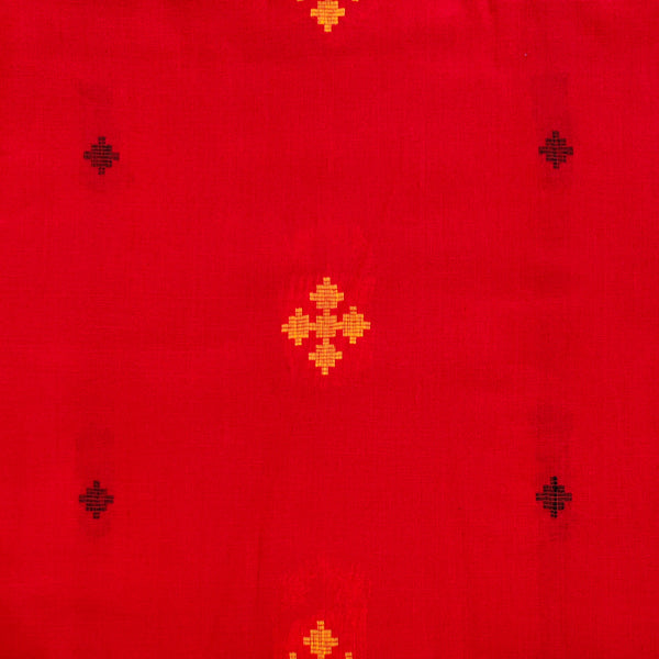 Pure Cotton Red With Mango And Black Motifs Handloom Fabric