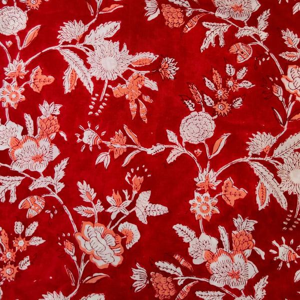 Pure Cotton Red With White And Orange Dahlia Jaal Hand Block Print Fabric