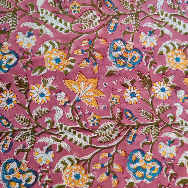 Pure Cotton Reddish Peach With Mustard Blue Wild Flower Jaal Hand Block Print Fabric