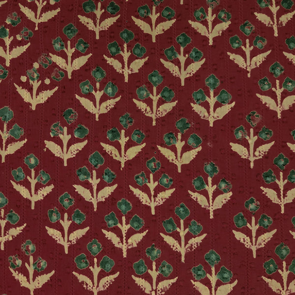 Pure Cotton Reddish Pink Discharge With Cream Green Grass Flowers Hand Block Print Fabric