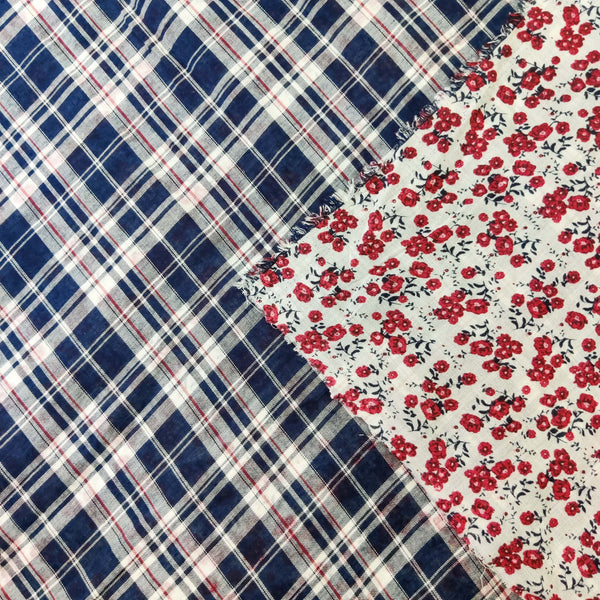 Pure Cotton Reversible Blue Checks With Floral Print