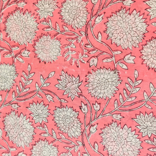 Pure Cotton Rose Pink With White Flower Jaal Hand Block Print Fabric