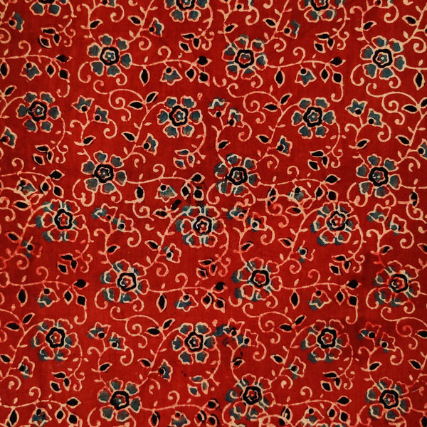 Pure Cotton Rust Ajrak With Black And Blue Flower Jaal Hand Block Print Fabric