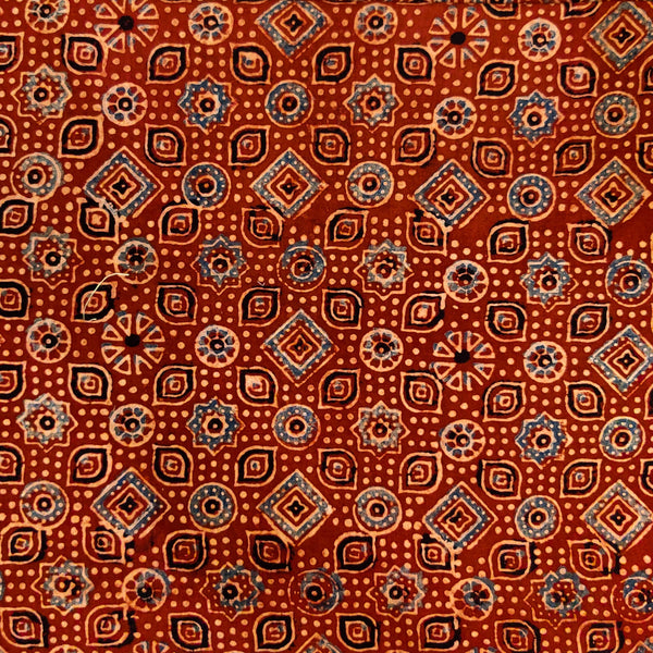 Pure Cotton Rust Ajrak With Tile Hand Block Print Fabric