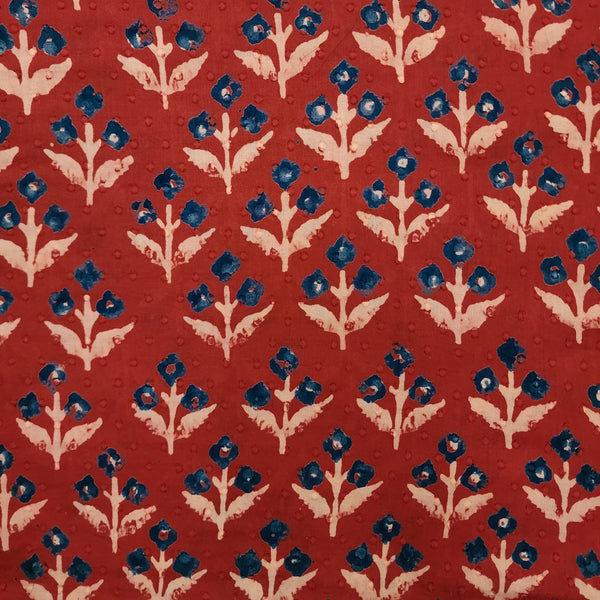 Pure Cotton Rust Discharge With Cream Blue Grass Flowers Hand Block Print Fabric