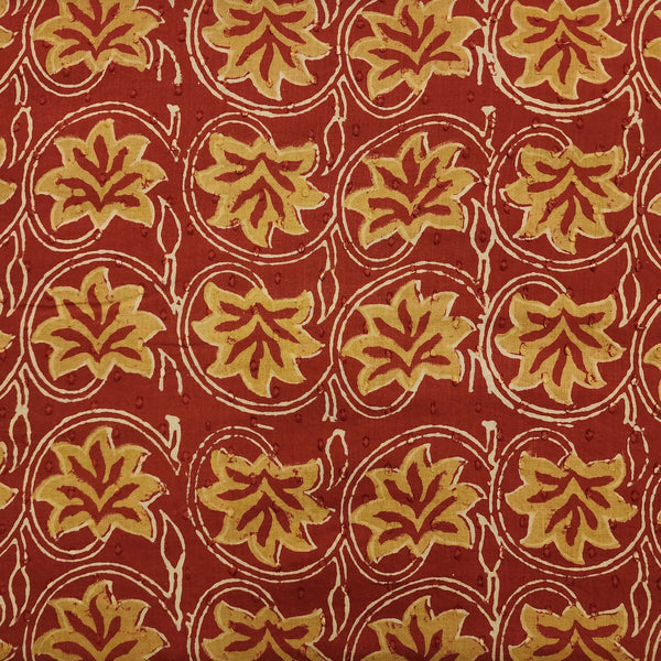 Pure Cotton Rust Discharge With Cream Yellow Orange Floral Jaal Hand Block Print Fabric