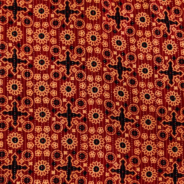 Pure Cotton Rust Kaatha With Cream And Black Star And Circle Tile Hand Block Print Fabric