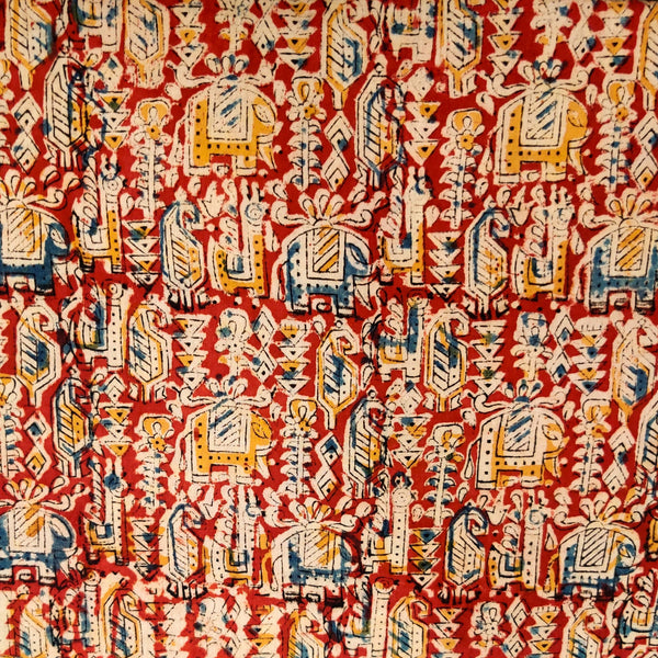 Pure Cotton Rust Kalamkari With Mustard And Blue Elephant Hand Block Print Fabric