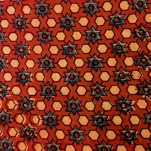 Pure Cotton Rustic Madder Ajrak With Cream Blue Hexa Star Tile Hand Block Print Fabric