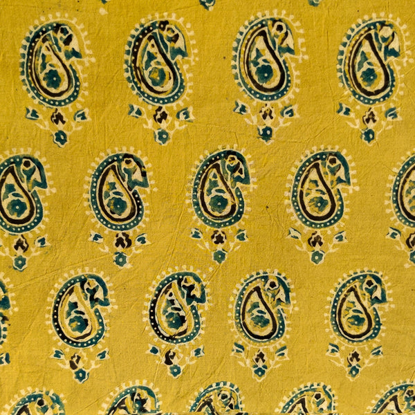 Pure Cotton Rustic Medallion Yellow With Kairi Motif Hand Block Print Fabric