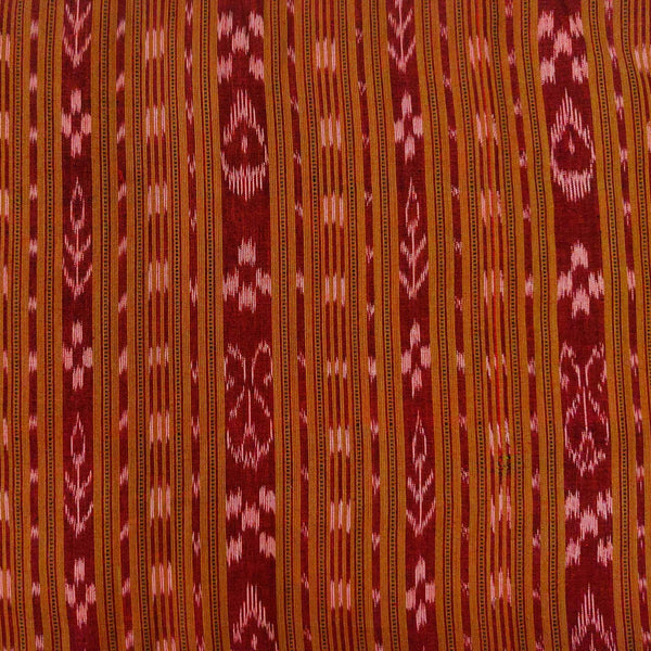 Pure Cotton Sambhalpuri Ikkat Intricate Weaved Stripes Brownish Mustard And Maroon Hand Woven Blouse Fabric (75 CM)