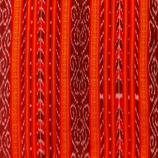 Pure Cotton Sambhalpuri Ikkat Shades Of Red  With Intricate Stripes Hand Woven Fabric