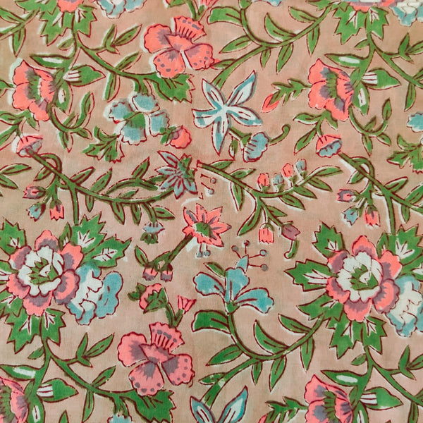 Pure Cotton Sandy Brown Jaipuri With Pastel Flower Jaal Hand Block Print Fabric