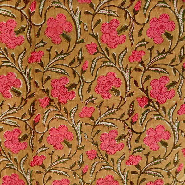 Pure Cotton Sandy Brown With Pink Flower Jaal Hand Block Print Fabric