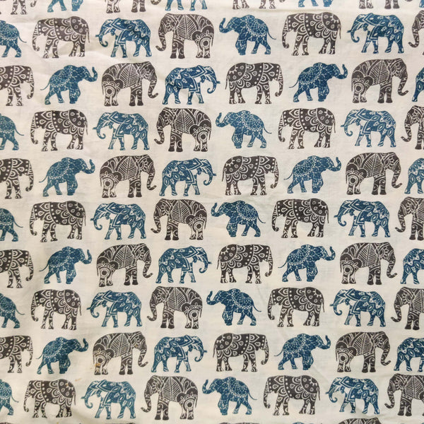 Pure Cotton Screen Print Cream With Blue And Black Elephants Fabric