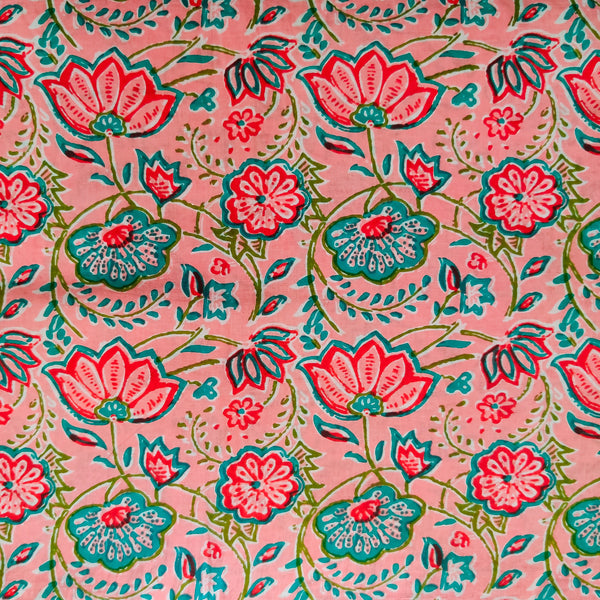 Pure Cotton Screen Print Peach With Teal Blue And Pink Floral Jaal Hand Block Print Fabric