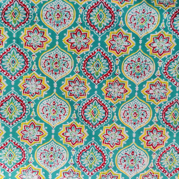 Pure Cotton Screen Print Teal With Red And Yellow All Over Print Fabric