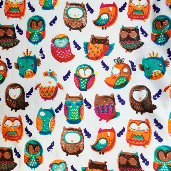 Pure Cotton Screen Print White With Multi Colour Owls Fabric