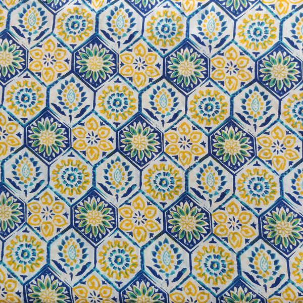 Pure Cotton Screen Print With Shades Of Blue And Yellow Print Fabric