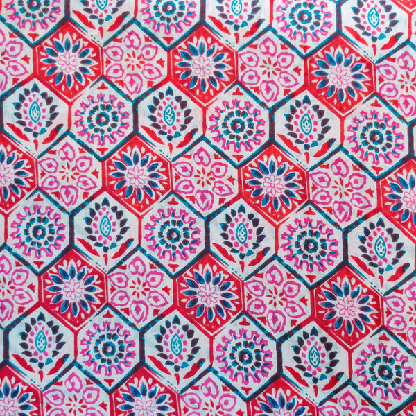 Pure Cotton Screen Print With Shades Of Pink And Red Print Fabric