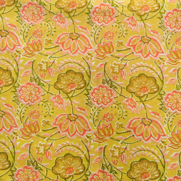 Pure Cotton Screen Print Yellow With Green And Pink Floral Jaal Hand Block Print Fabric