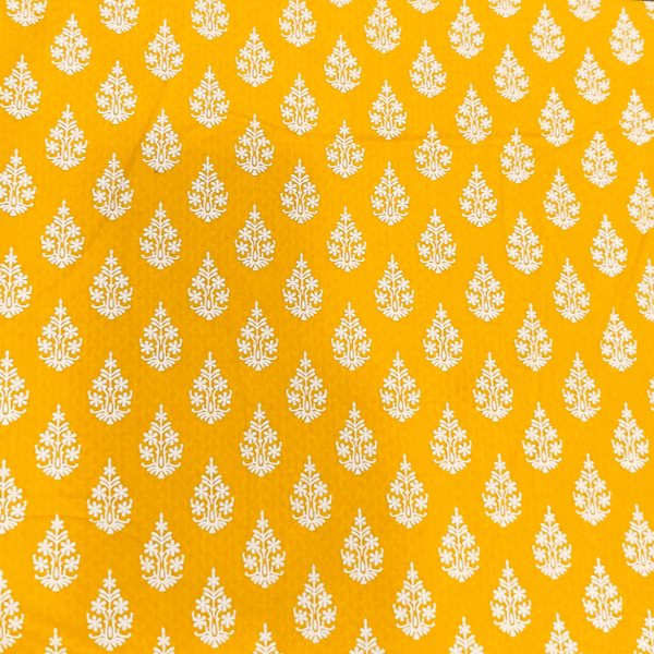 Pure Cotton Screen Print Yellow With Tiny White Five Flower Plant Motif Fabric