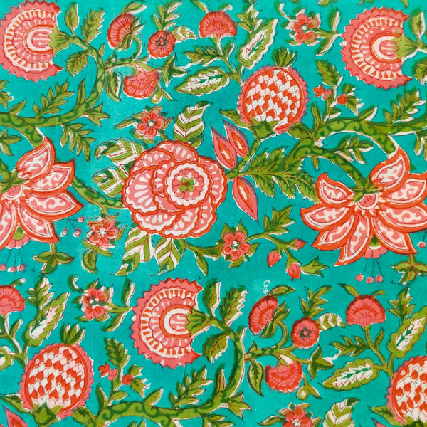 Pure Cotton Sea Blue Jaipuri With Pink Wild Flower Jaal Hand Block Print Fabric