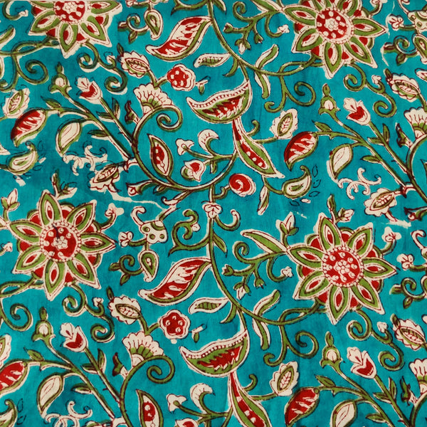 Pure Cotton Sea Blue Jaipuri With Red And Green Flower Jaal Hand Block Print Fabric