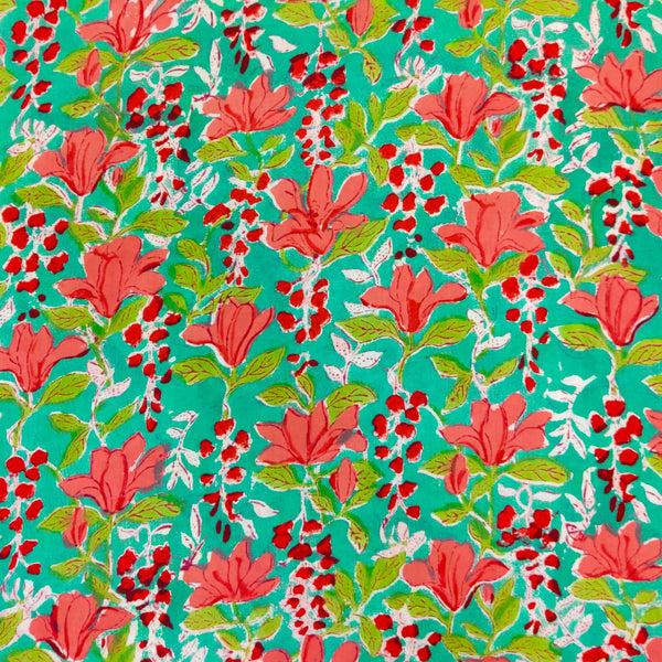 Pure Cotton Sea Green With Peach And Red Jaal Hand Block Print Fabric