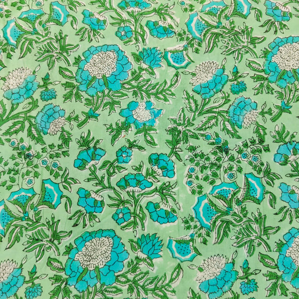 Pure Cotton Seafoam Green With Blue Floral Jaal Hand Block Print Fabric