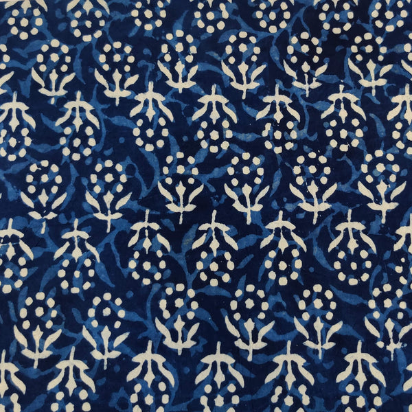 Pure Cotton Self Design Indigo With Tiny Plant Motif Hand Block Print Fabric